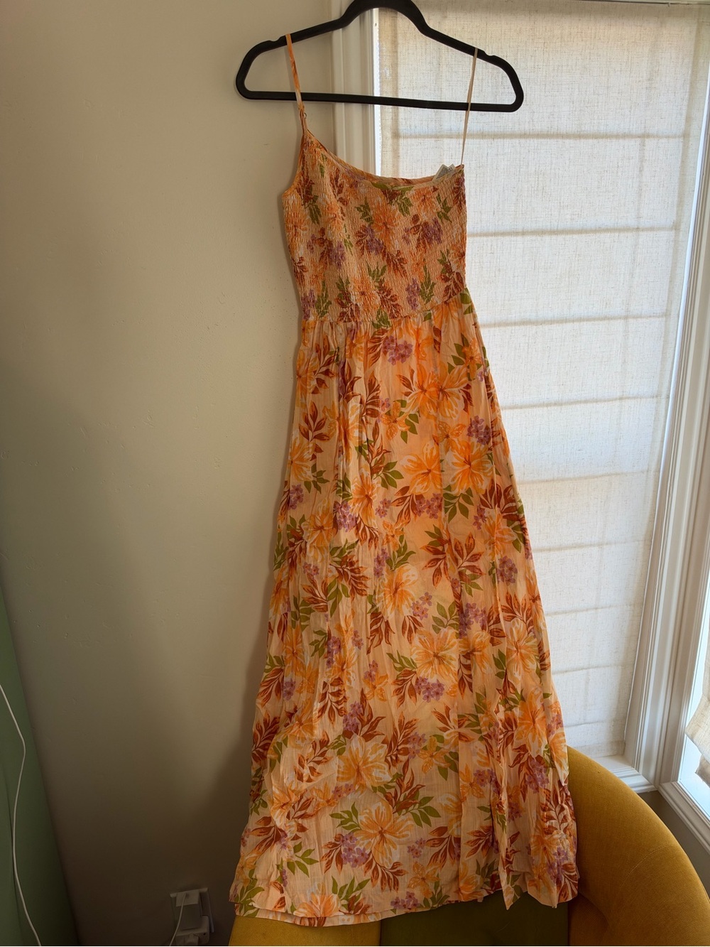 Floral One Shoulder Maxi Sundress with Smocked Bodice - Peach Floral